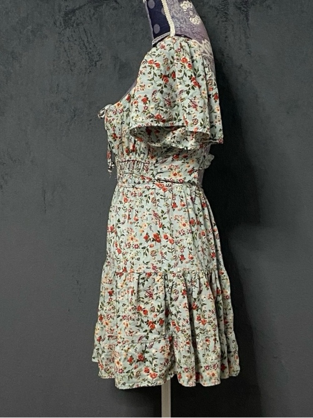 Angie Mini Dress Womens M Blue Floral Flutter Sleeve Smocked Cottagecore Spring - Picture 6 of 8